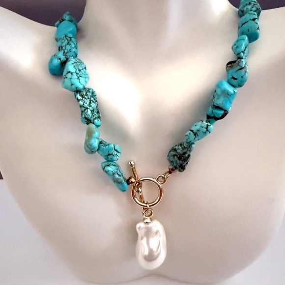 Estate Southwestern Turquoise Toggle Necklace With Faux Pearl - Picture 1 of 5